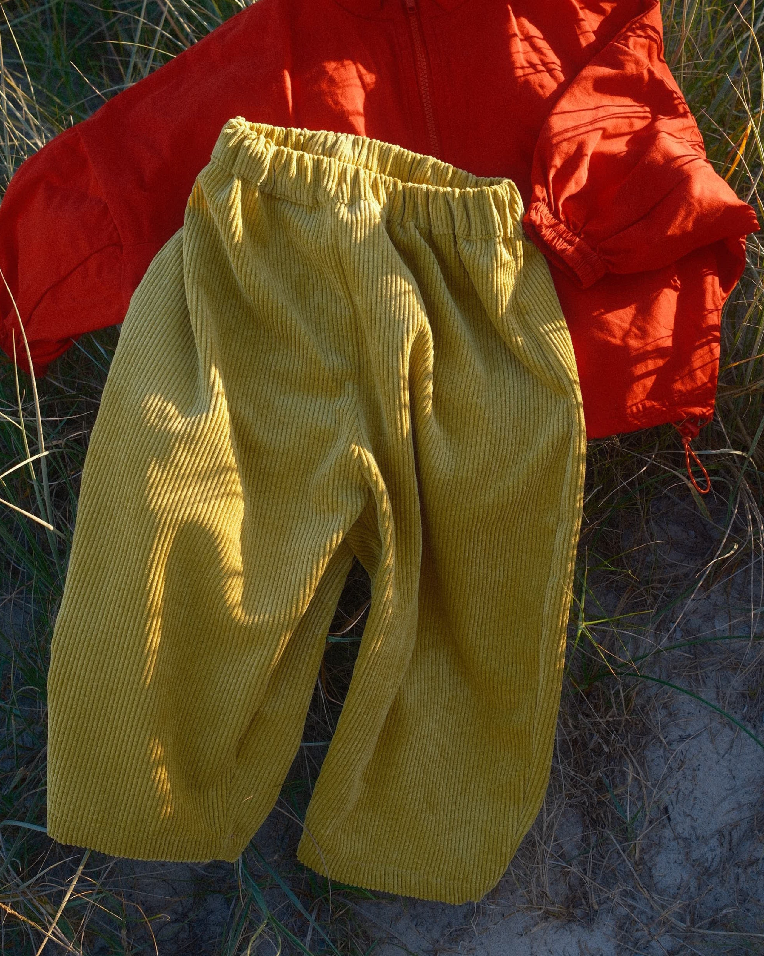 Yellow and red jacket on grass